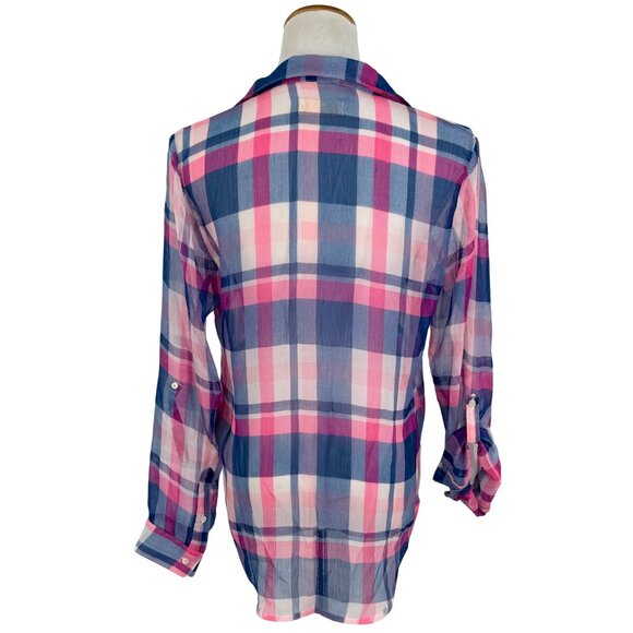 Hollister 2016 Pink & Blue Sheer Plaid Button-Up & Roll Cuffs Casual Relaxed Top - Picture 7 of 13